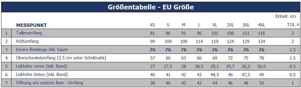 Größentabelle Hosen