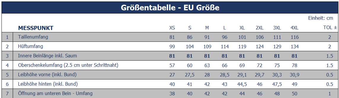 Größentabelle Hosen